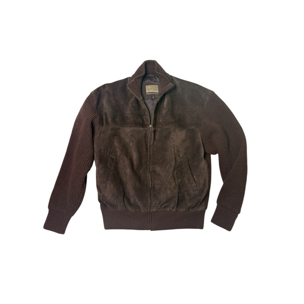 Vintage CABELAS Sweater Jacket WOOL Leather‎ L Brown Cardigan RIBBED Suede
